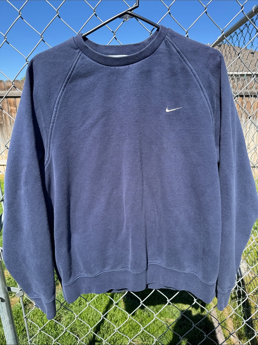 Nike Y2K Men's Navy Crewneck Sweatshirt with Silver Swoosh